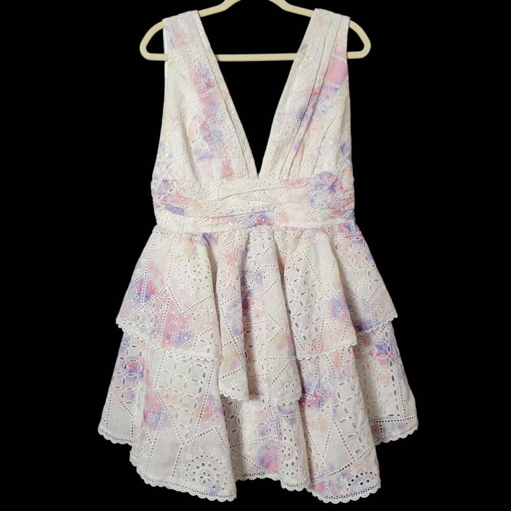 Gianni Bini Christa Embroidered Eyelet Pastel Tie Dye Ruffle Tiered Dress 10